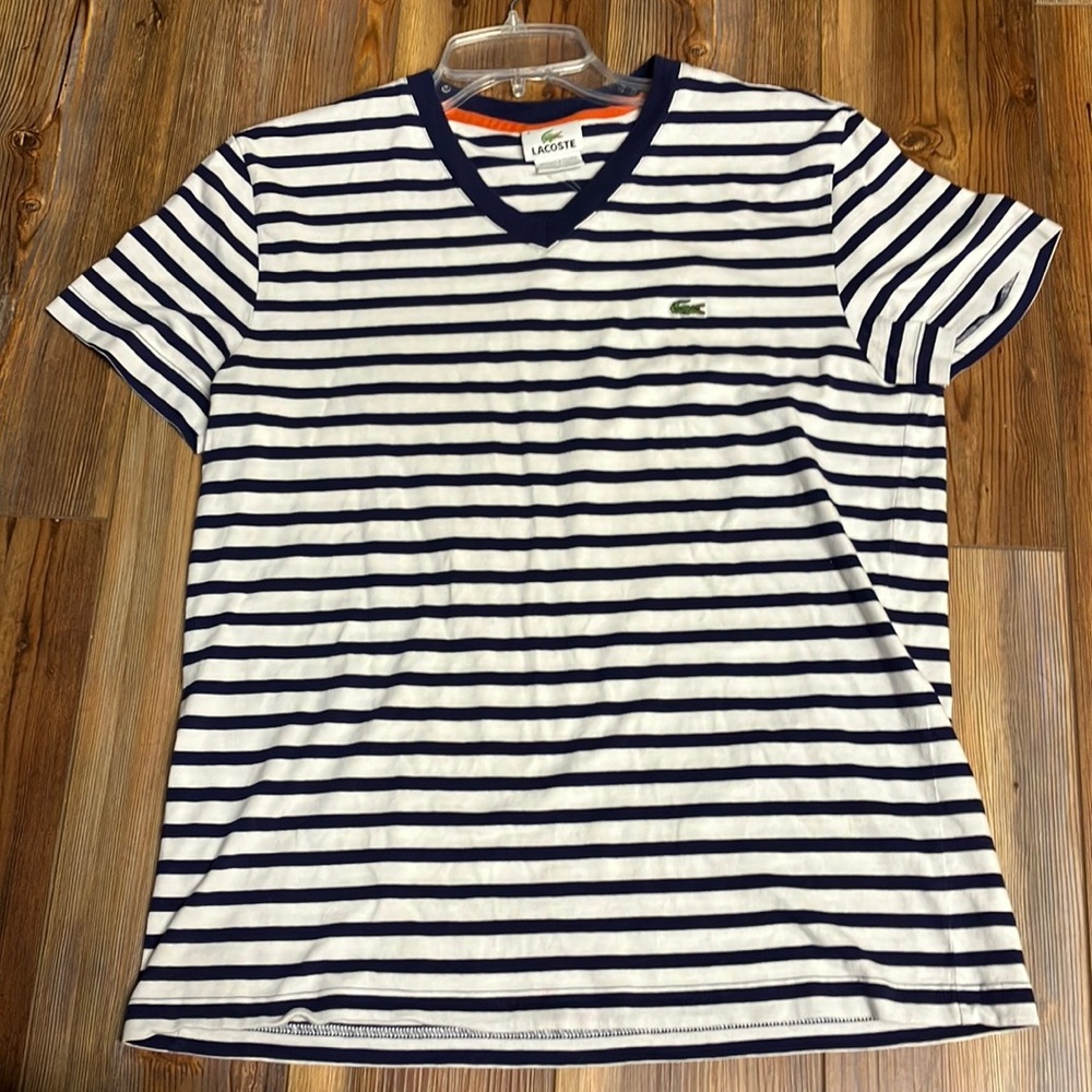 Lacoste Blue and White Striped Short Sleeve Tee